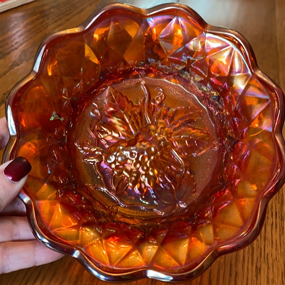 Fenton Amber Grape and Leaf Carnival glass candy dish